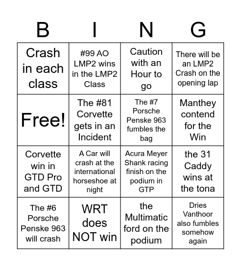 2026 Rolex 24 Bingo Card :D Bingo Card