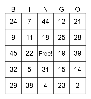 Addition 1-45 Bingo Card