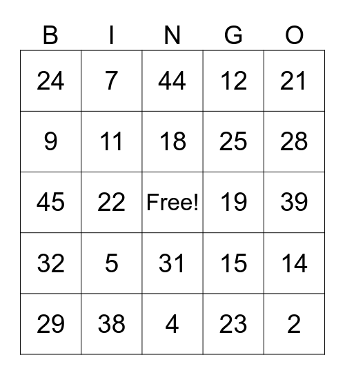 Addition 1-45 Bingo Card