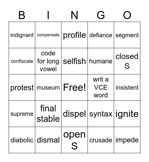 5th Grade Syllable Types words Bingo Card