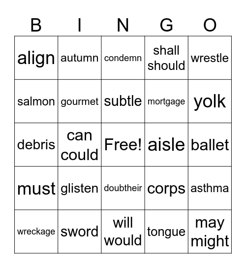 4th Grade Silent letters Bingo Card