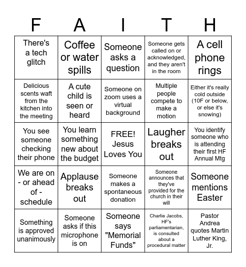 Holy Faith Annual Meeting Bingo Card