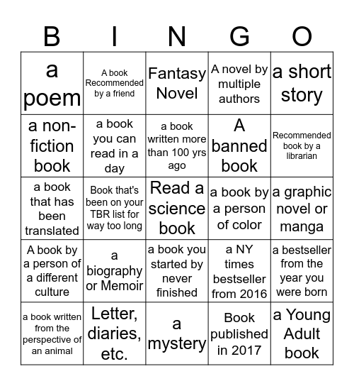 2017 Reading Challenge Bingo Card