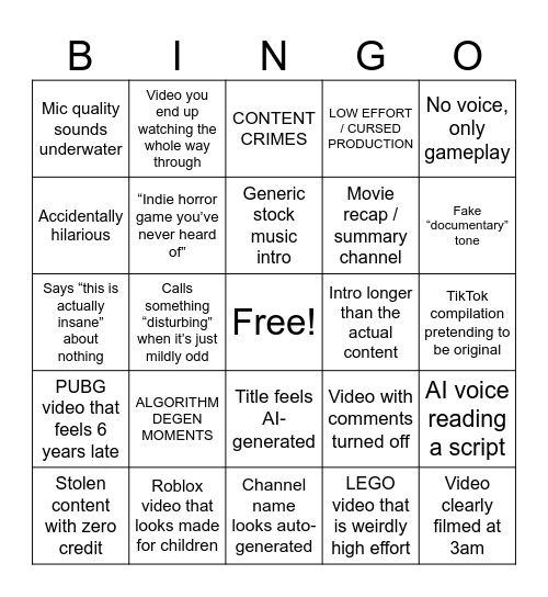 Youtube bingo (this was made at 3am probably sucks dont play lol) Bingo Card