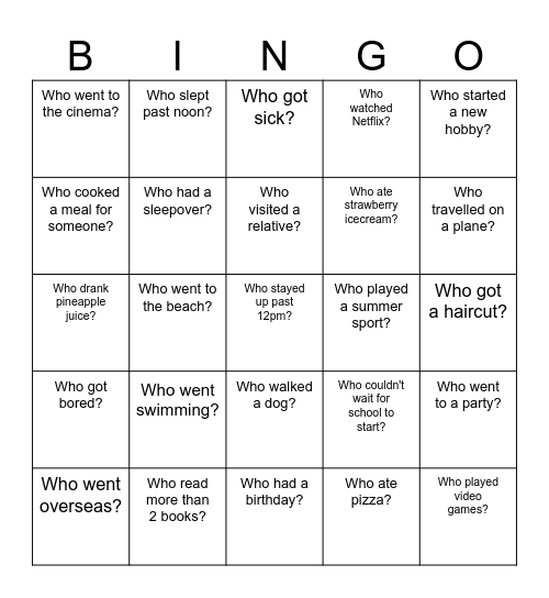 What did you do over the holiday? Bingo Card