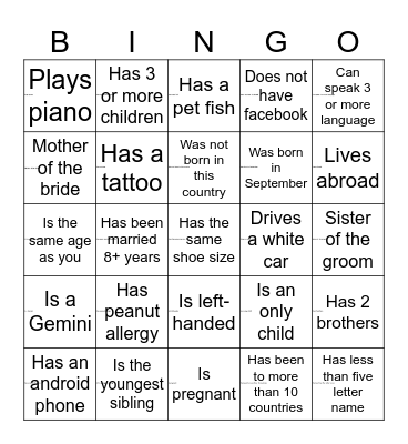 Camille's Bridal Bingo Card