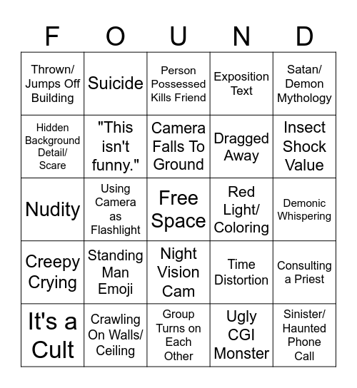 Found Footage Horror Bingo Card