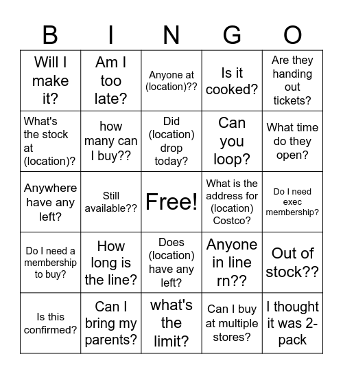 Costco UPC Bingo Card