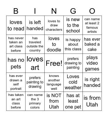 Art Class Getting to Know You BINGO Card