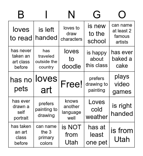 Art Class Getting to Know You BINGO Card