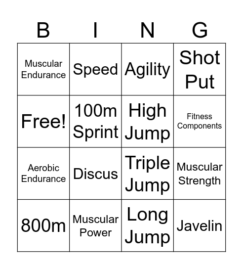 Fitness components + Athletics Bingo Card
