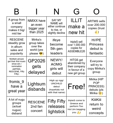 Kpop 2026 Bingo Card