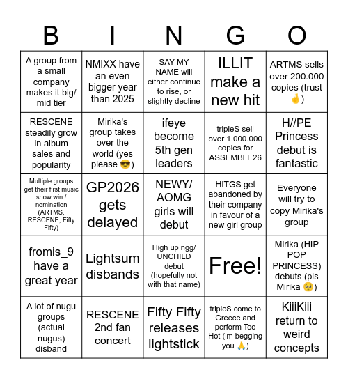 Kpop 2026 Bingo Card