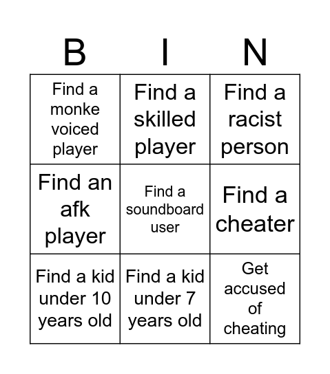 Gorilla Tag bingo Card