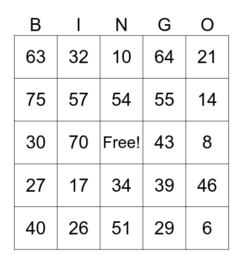 Bingo 1-75 Bingo Card