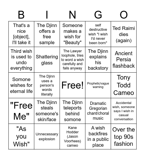Wishmaster 1997 Bingo Card