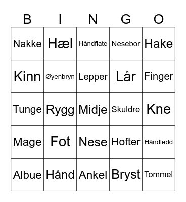 Kroppsdeler Bingo Card