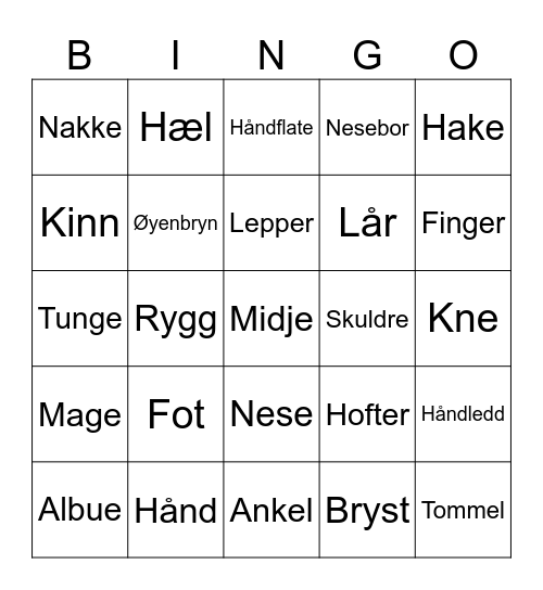 Kroppsdeler Bingo Card