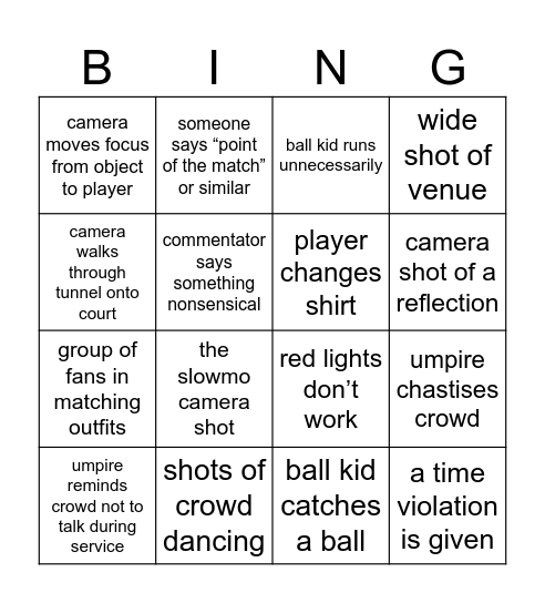 Australian Open Bingo Card
