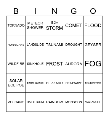 NATURAL PHENOMENA Bingo Card