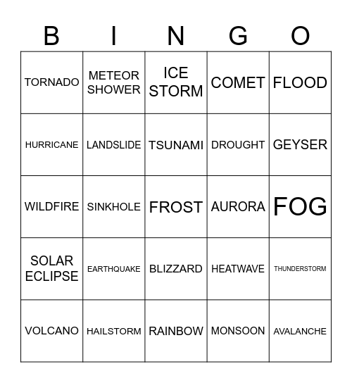NATURAL PHENOMENA Bingo Card
