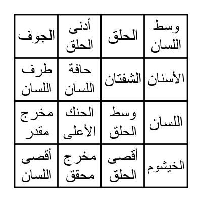 مخارج الحروف Bingo Card