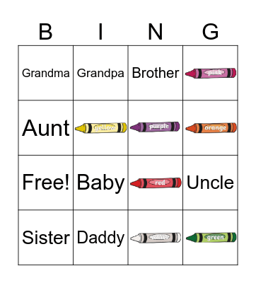 family and colours esl bingo Card