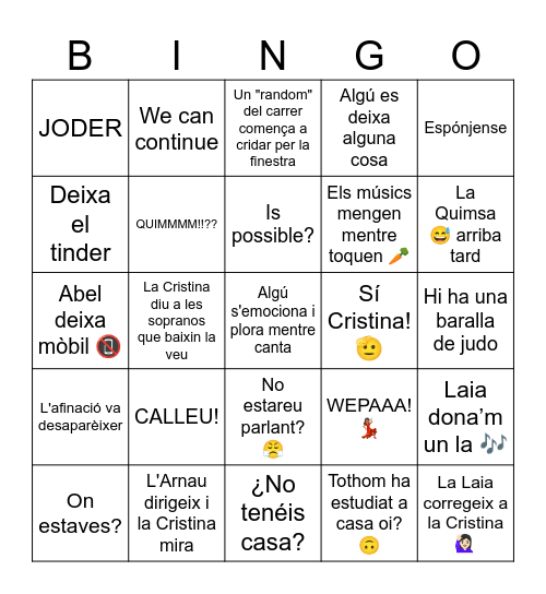 Musicals'chior Bingo Card