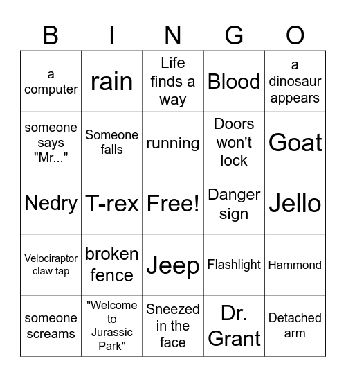 Jurassic Park Bingo Card