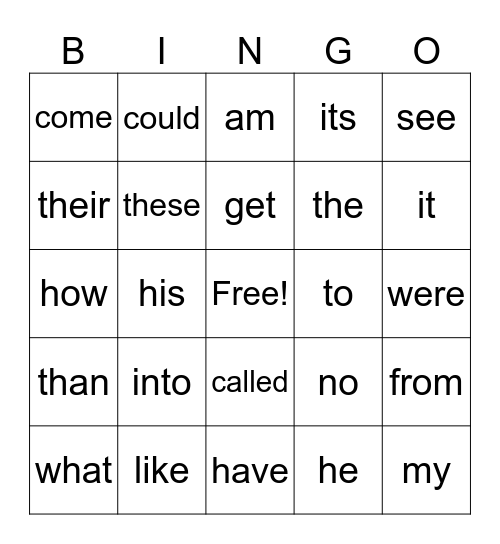 Sight Words Bingo Card