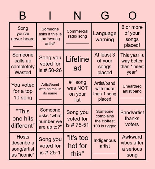 Triple J Hottest 100 Bingo Card