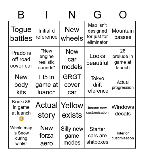 Fh6 developer's direct predictions Bingo Card