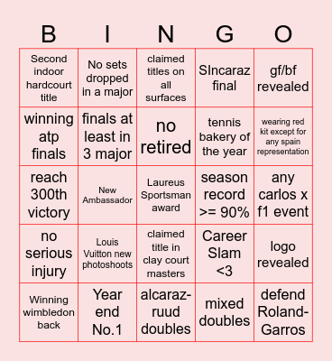 Carlos Alcaraz 2026 Bingo Card