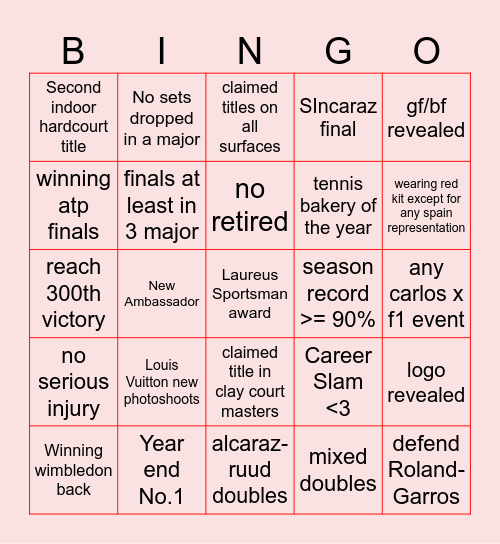 Carlos Alcaraz 2026 Bingo Card