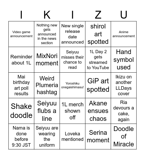 Ikizuraibu Nama 1/28 Bingo Card