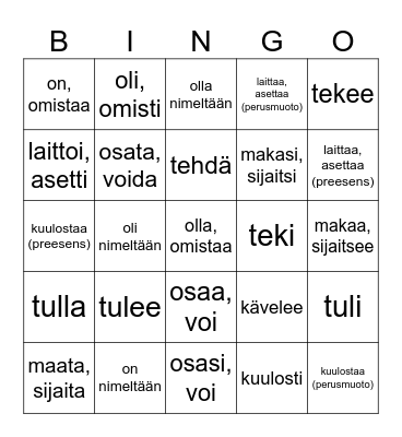 Epäsäännölliset verbit osa Bingo Card