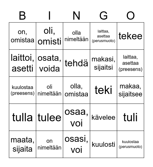 Epäsäännölliset verbit osa Bingo Card
