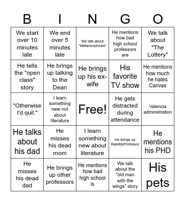 Valencia Literature Teacher Bingo Card