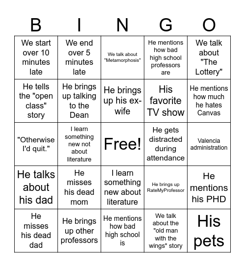 Valencia Literature Teacher Bingo Card
