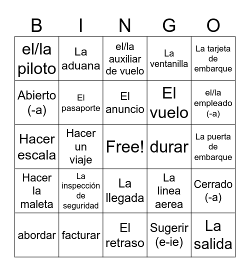 Realidades 2 8A Bingo Card