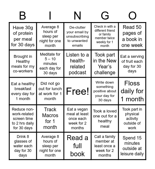 Wellness Bingo Card