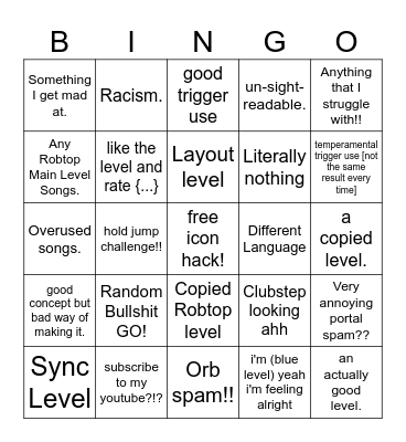 Geometry Dash Recent Tab Board Bingo Card