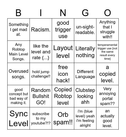 Geometry Dash Recent Tab Board Bingo Card