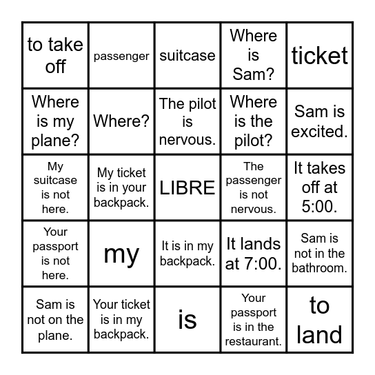 Travel Vocabulary Bingo Card