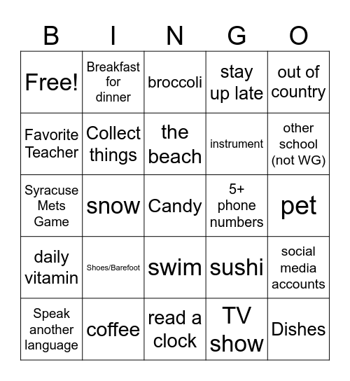 All About Me Bingo Card