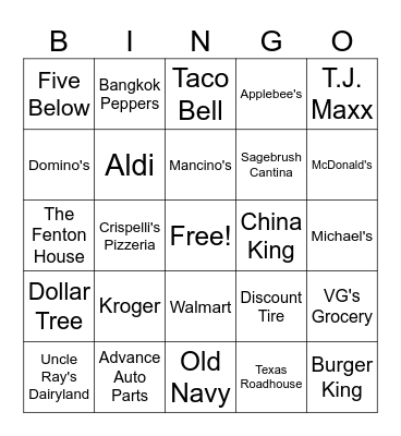 Places In Fenton Bingo Card