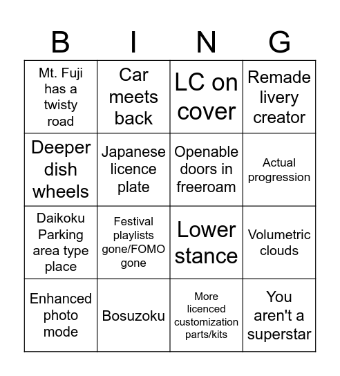 FH6 Bingo Card