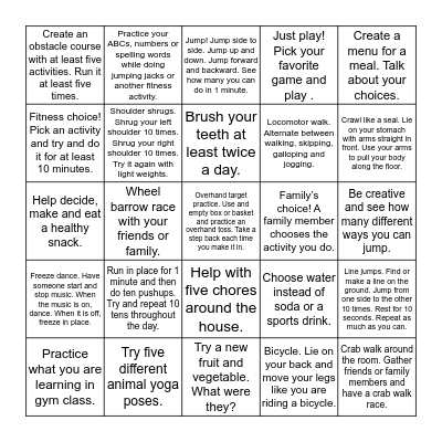 Run WIld! Health and Fitness Bingo Card