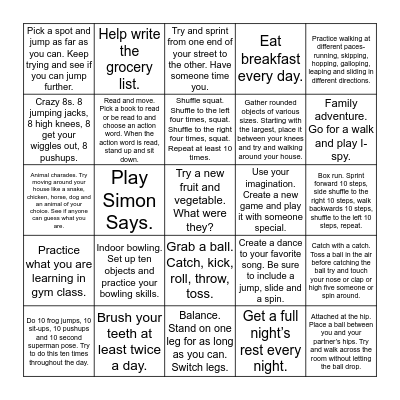 Run Wild! Health and Fitness  Bingo Sheet ____ Bingo Card