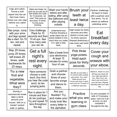 Run Wild! Health and Fitness Bingo Sheet _____ Bingo Card